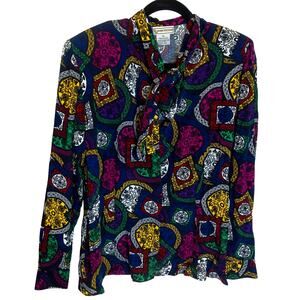 Vintage Evan Picone Colorful Graphic Tie Neck Blouse Shirt Size 12